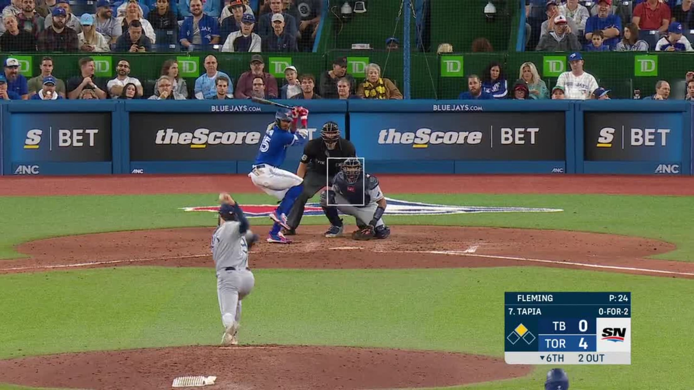 Toronto, Canada. 28th Apr, 2022. Toronto Blue Jays left fielder Raimel  Tapia (15) looks on after hitting a pop fly during the eighth inning of MLB  baseball action against the Boston Red