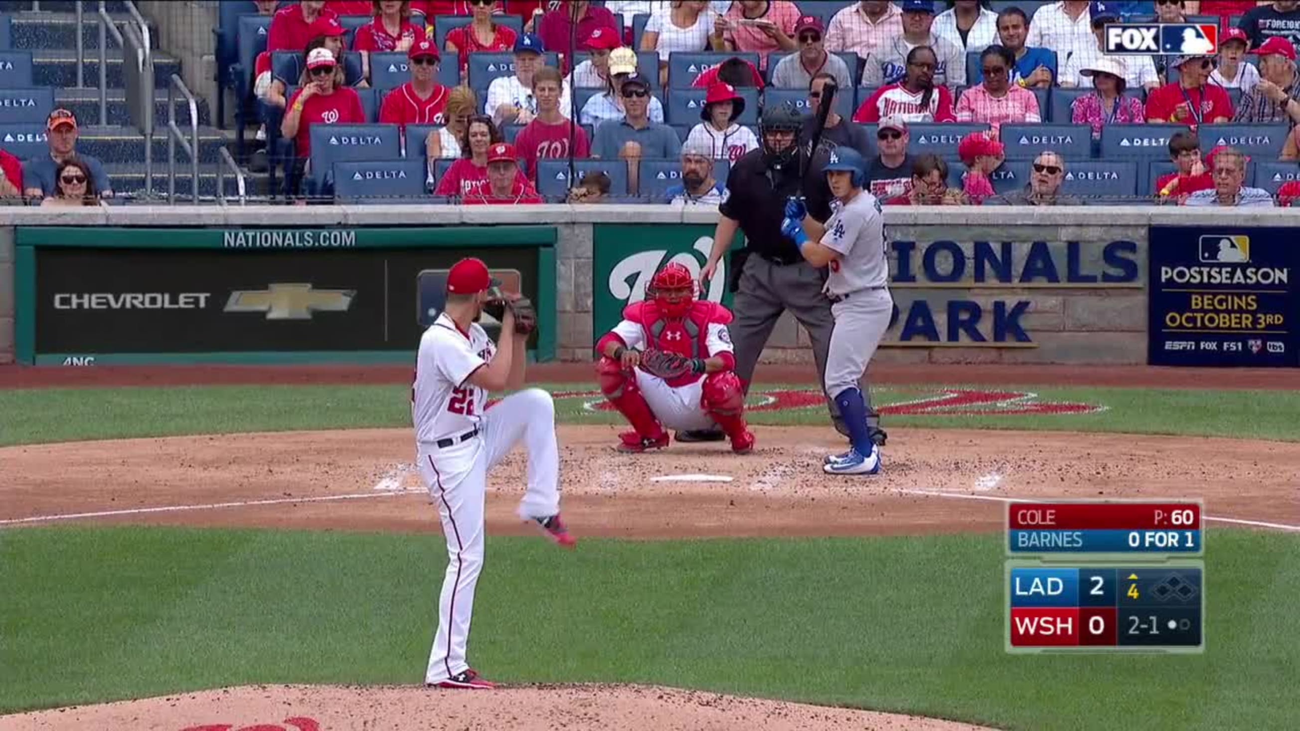 Austin Barnes doubles (2) on a sharp line drive to right fielder