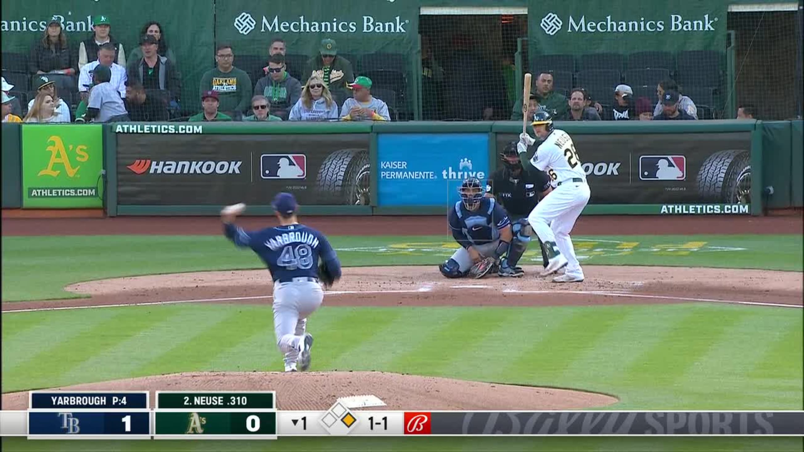 Sheldon Neuse singles on a line drive to center fielder Kevin Kiermaier.  Chad Pinder to 2nd.