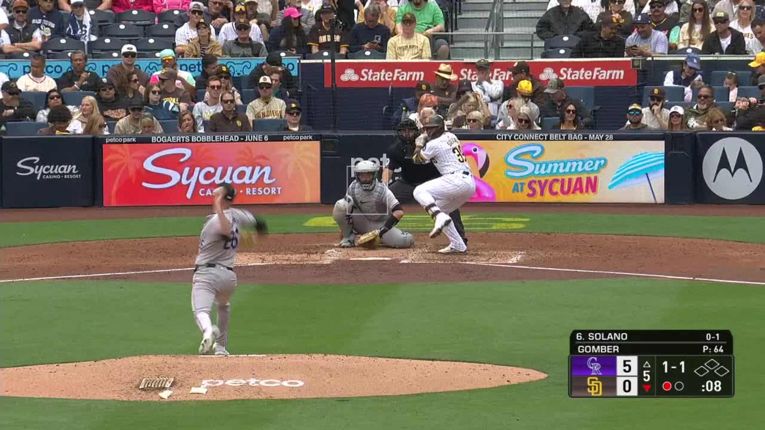 Donovan Solano singles on a line drive to left fielder Jordan Beck.