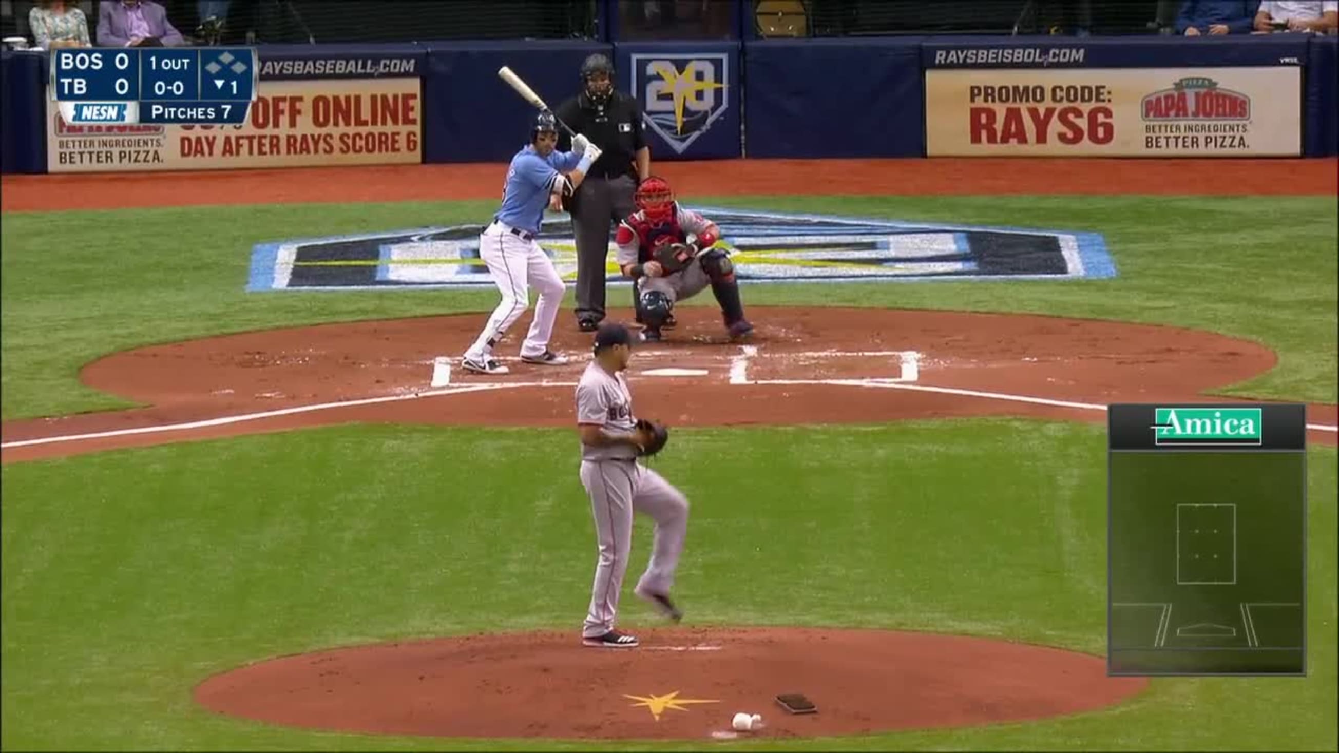 Kevin Kiermaier flies out sharply to center fielder Jackie Bradley Jr.