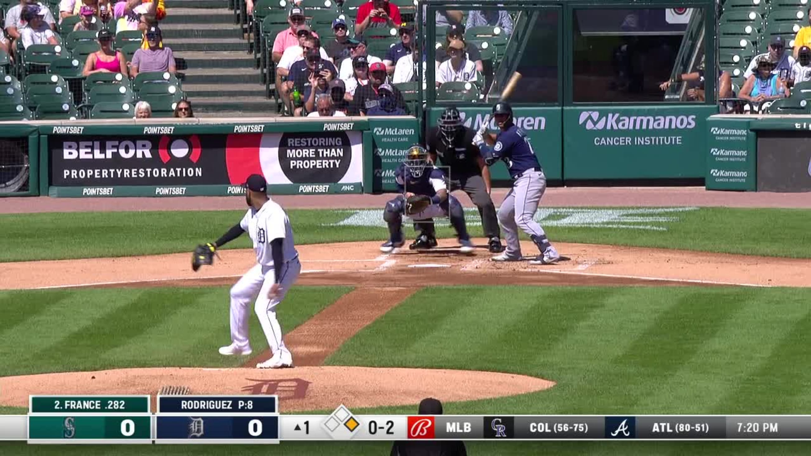 Ty France reaches on a fielder's choice, fielded by third baseman Jeimer  Candelario. Julio Rodriguez to 2nd. Julio Rodriguez advances to 2nd, on a  fielding error by third baseman Jeimer Candelario.