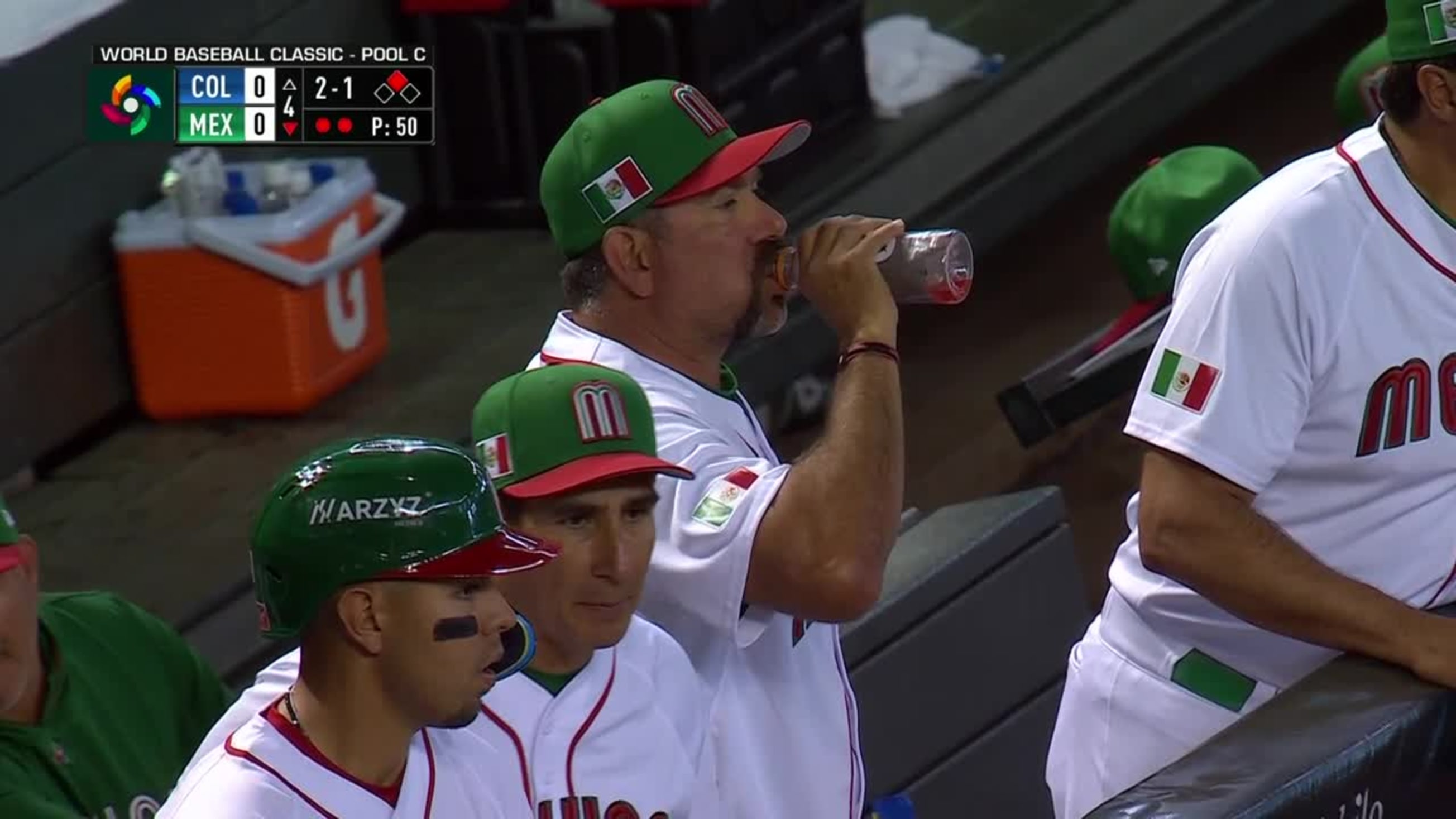 Isaac Paredes of Mexico singles on a sharp ground ball to left fielder