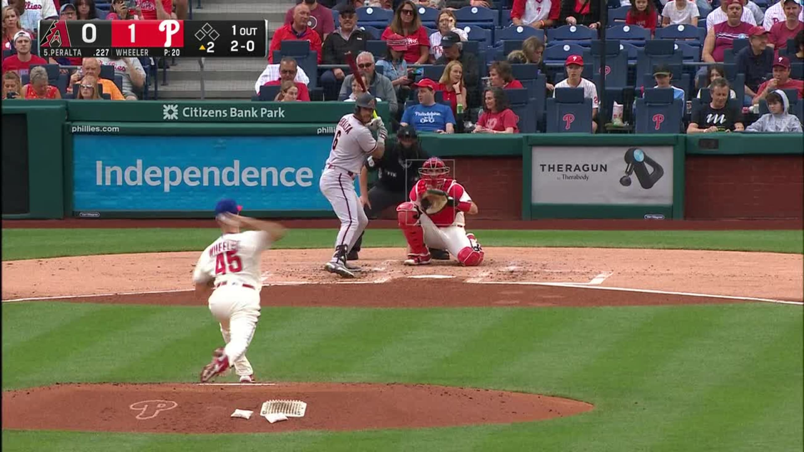 David Peralta doubles (26) on a fly ball to center fielder Aaron