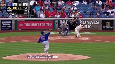 Jacob Young flies out to left fielder Ian Happ.