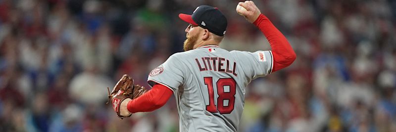 Zack Littell, Washington Nationals starting pitcher, delivering a pitch in his 2026 season debut against the St. Louis Cardinals April 6 2026