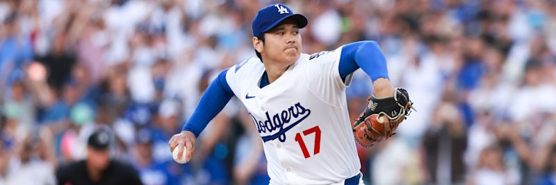 Shohei Ohtani, Los Angeles Dodgers starting pitcher, delivering a pitch during the 2026 MLB season, Dodgers at Blue Jays April 8 2026