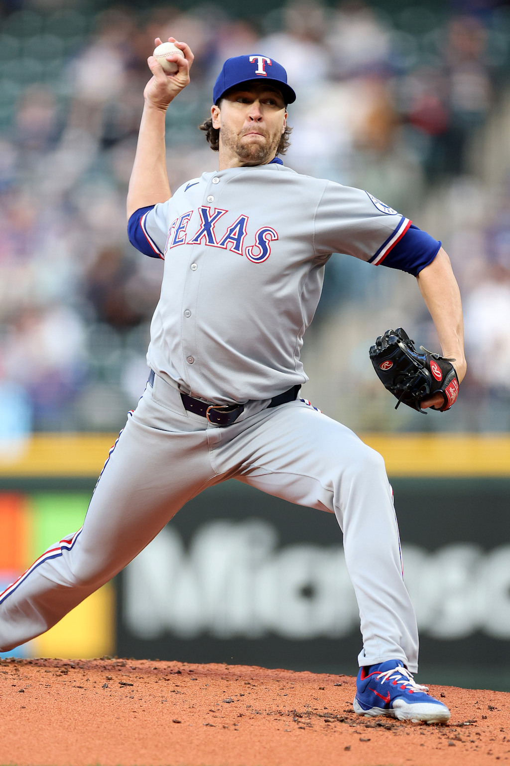 Texas Rangers right-hander Jacob deGrom in his delivery, taking a 2.51 home ERA into Monday's start against the White Sox at Globe Life Field