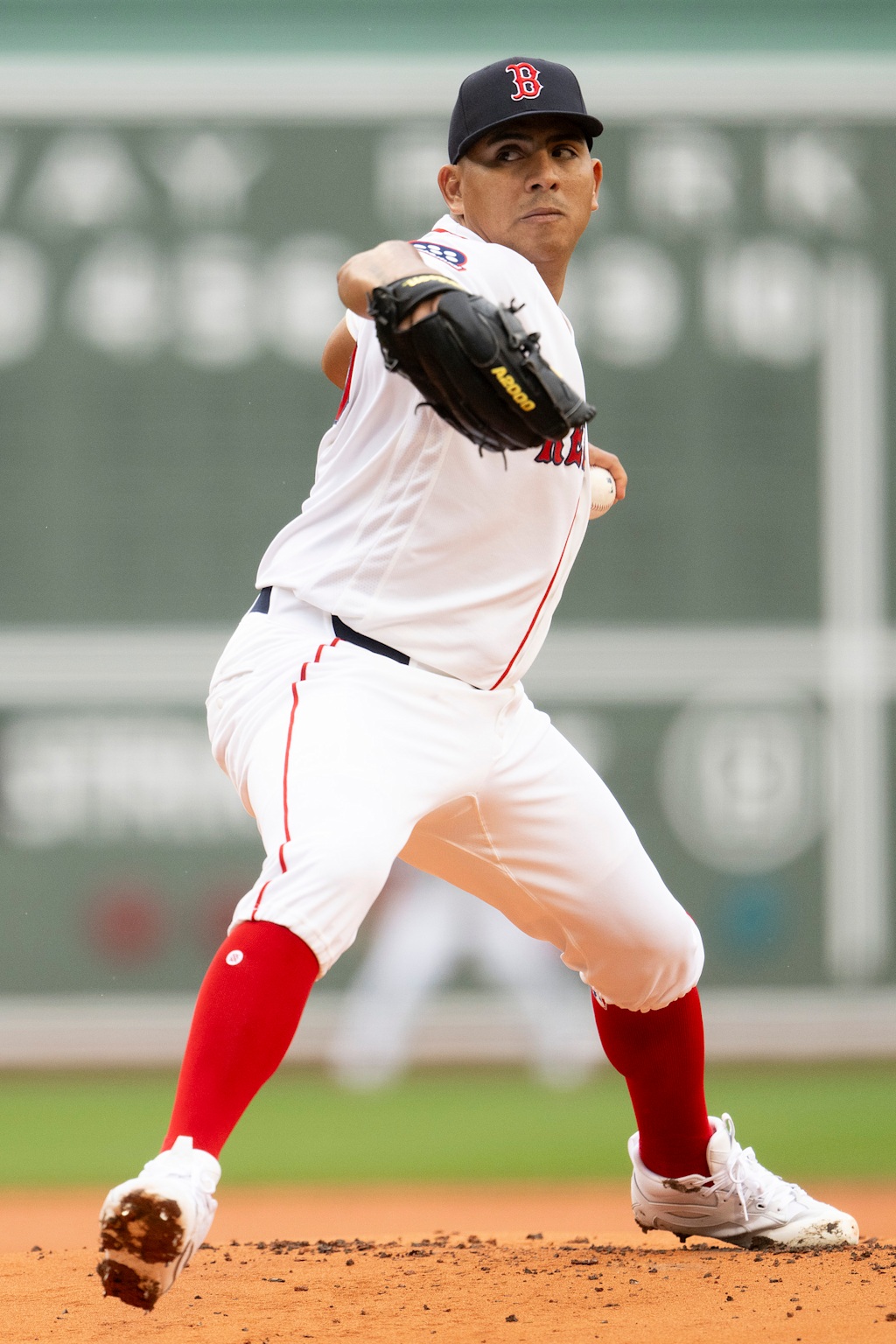 Left-hander Ranger Suarez in his delivery, the starter carrying Boston's 14-game winning streak into Fenway Park against Baltimore