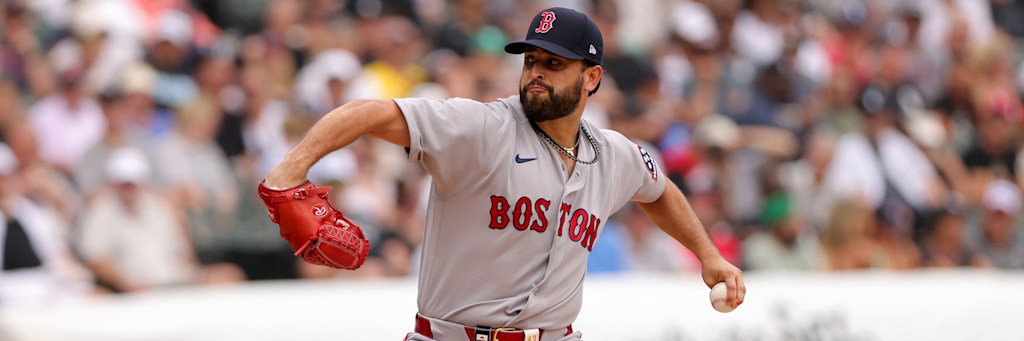 Boston Red Sox left-hander Patrick Sandoval delivering a pitch; Sandoval has 35 strikeouts in 34.0 innings across seven starts in 2026 and faces the San Francisco Giants at Fenway Park