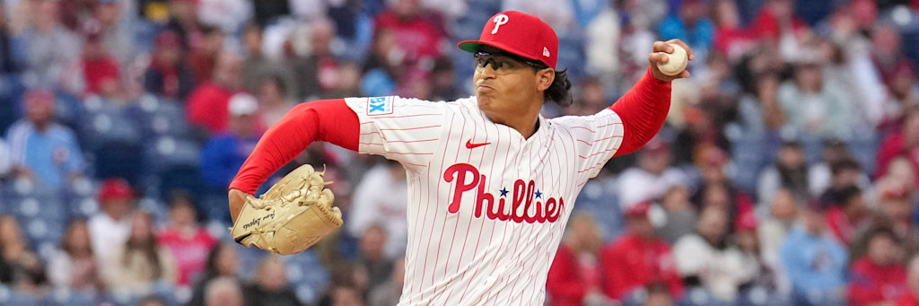Phillies left-hander Jesus Luzardo delivering a pitch in action, the ace the AI backs the Yankees against at plus money on the Friday AI card