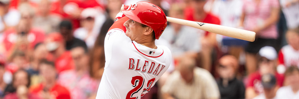 Cincinnati Reds outfielder JJ Bleday at the plate; Bleday is hitting .228 with a .343 on-base percentage and 51 walks in 298 at bats this season