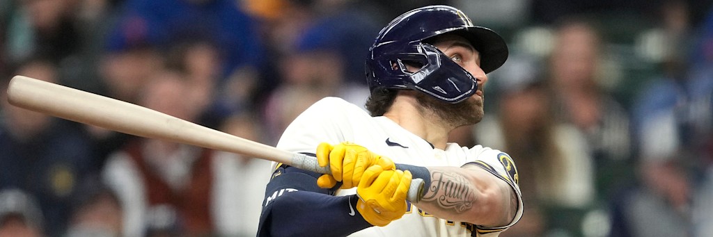 Milwaukee Brewers outfielder Garrett Mitchell driving a ball at American Family Field on a Saturday MLB slate