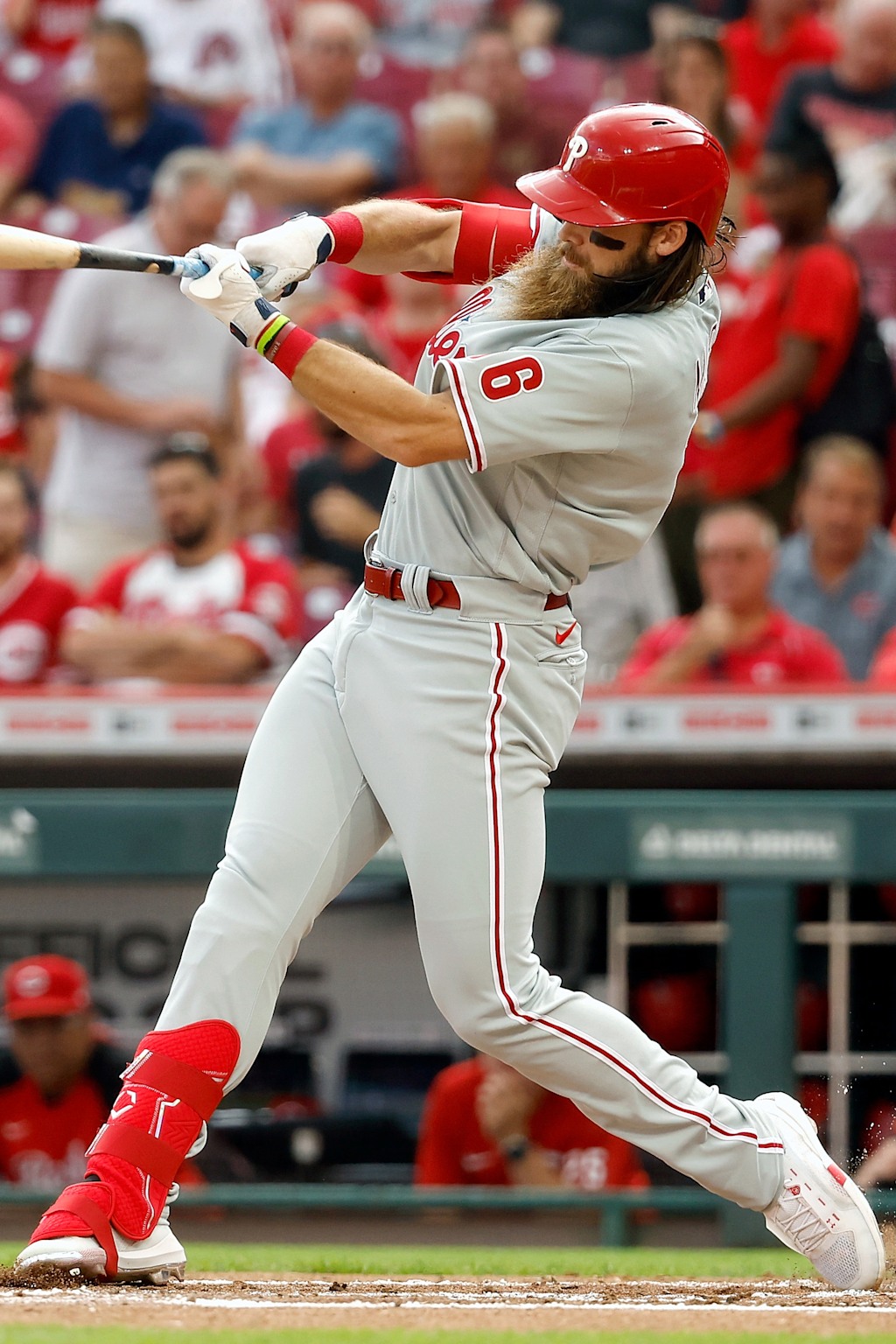 Philadelphia Phillies outfielder Brandon Marsh driving a pitch at Citizens Bank Park, the .290 hitter in the middle of the Phillies lineup for the series finale against the Dodgers