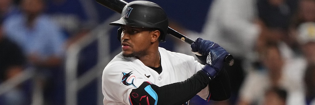 Xavier Edwards Miami Marlins infielder centered action photo loanDepot Park Marlins team total under 3.5 vs Nationals Foster Griffin strike-throwing left-handed model edge May 8 2026