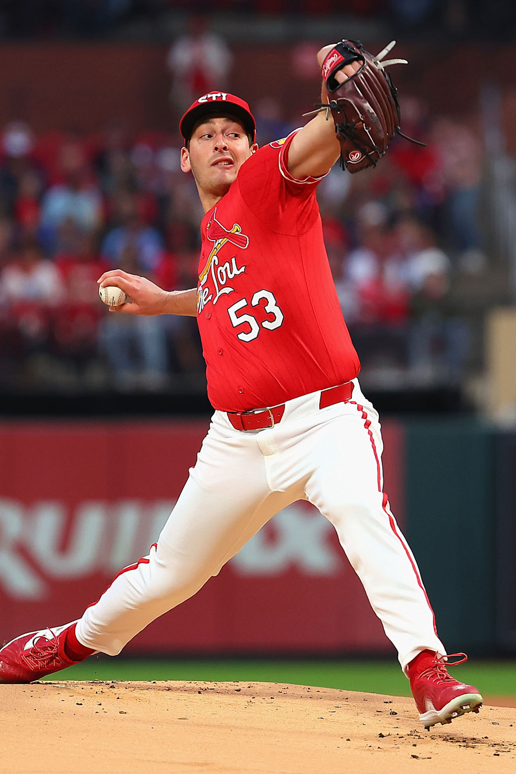 St. Louis Cardinals right-hander Andre Pallante driving toward the plate mid-delivery