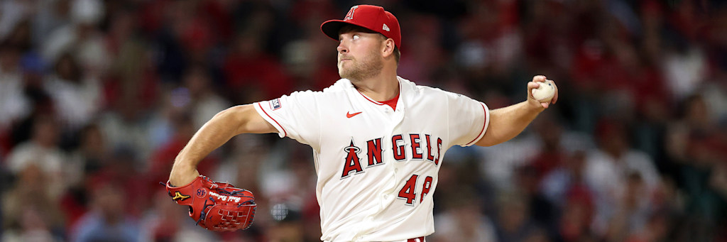 Los Angeles Angels pitcher Reid Detmers delivering a pitch in action