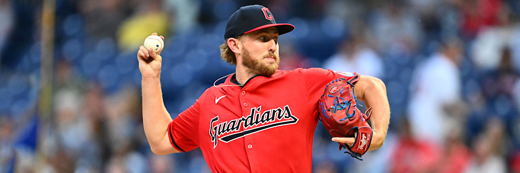 Tanner Bibee Cleveland Guardians right-handed starting pitcher delivering at Progressive Field Rays Guardians team total under 3.5 model projection April 28 2026