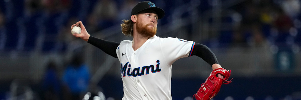 Miami Marlins right-hander Max Meyer delivering a pitch, the unbeaten arm carrying the Marlins moneyline at Coors Field