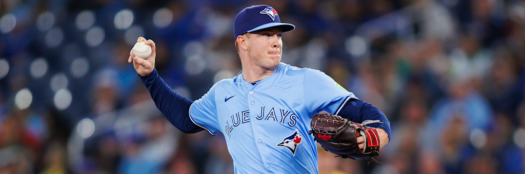 Toronto Blue Jays right-hander Braydon Fisher delivering a pitch, listed as the starter against Tampa Bay on the July 22 2026 AI card