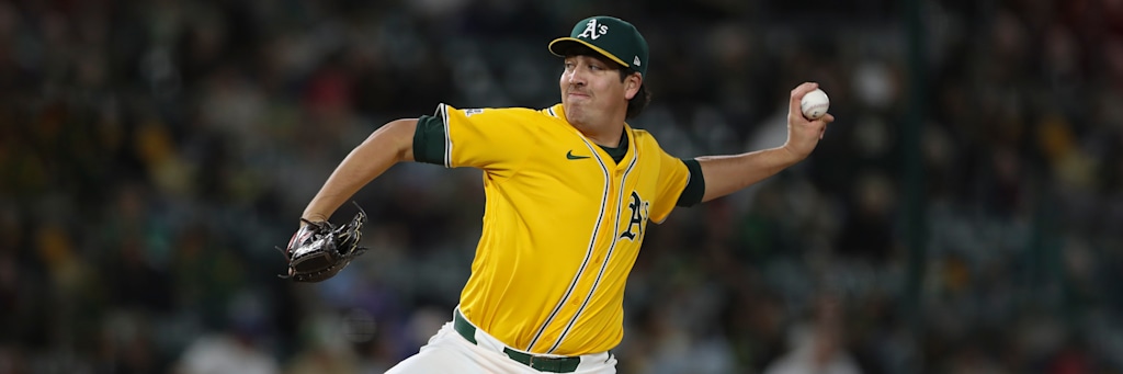 Athletics starting pitcher Jacob Lopez delivering in action at Sutter Health Park