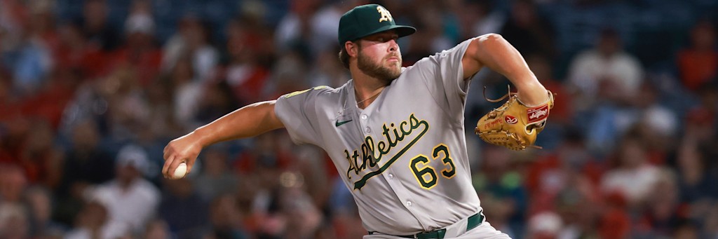 Athletics right-hander Mason Barnett delivering a pitch; Barnett has walked 20 of the 167 hitters he has faced this season and carries a 6.16 ERA into his start at Kauffman Stadium