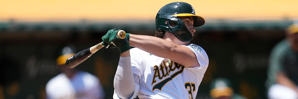 Athletics catcher and first baseman Tyler Soderstrom at the plate; Soderstrom leads the Athletics with a .799 OPS and 17 home runs this season