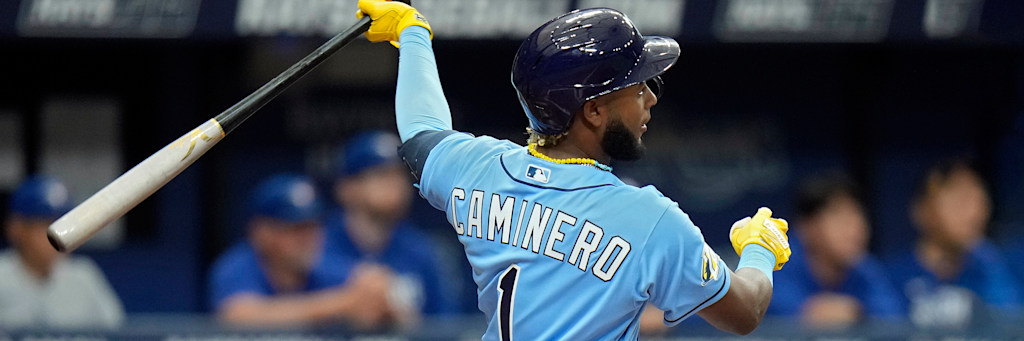Tampa Bay Rays third baseman Junior Caminero swinging the bat