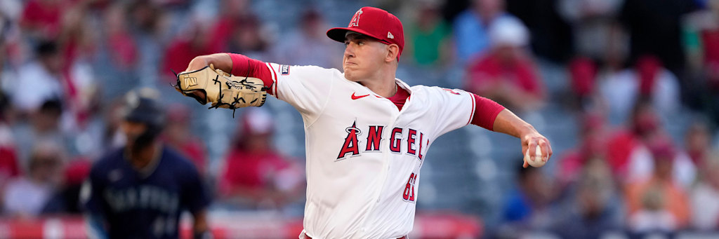 Los Angeles Angels rookie left-hander Sam Aldegheri pitching at Angel Stadium against the Athletics