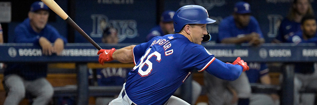 Wyatt Langford of the Texas Rangers swings at a pitch