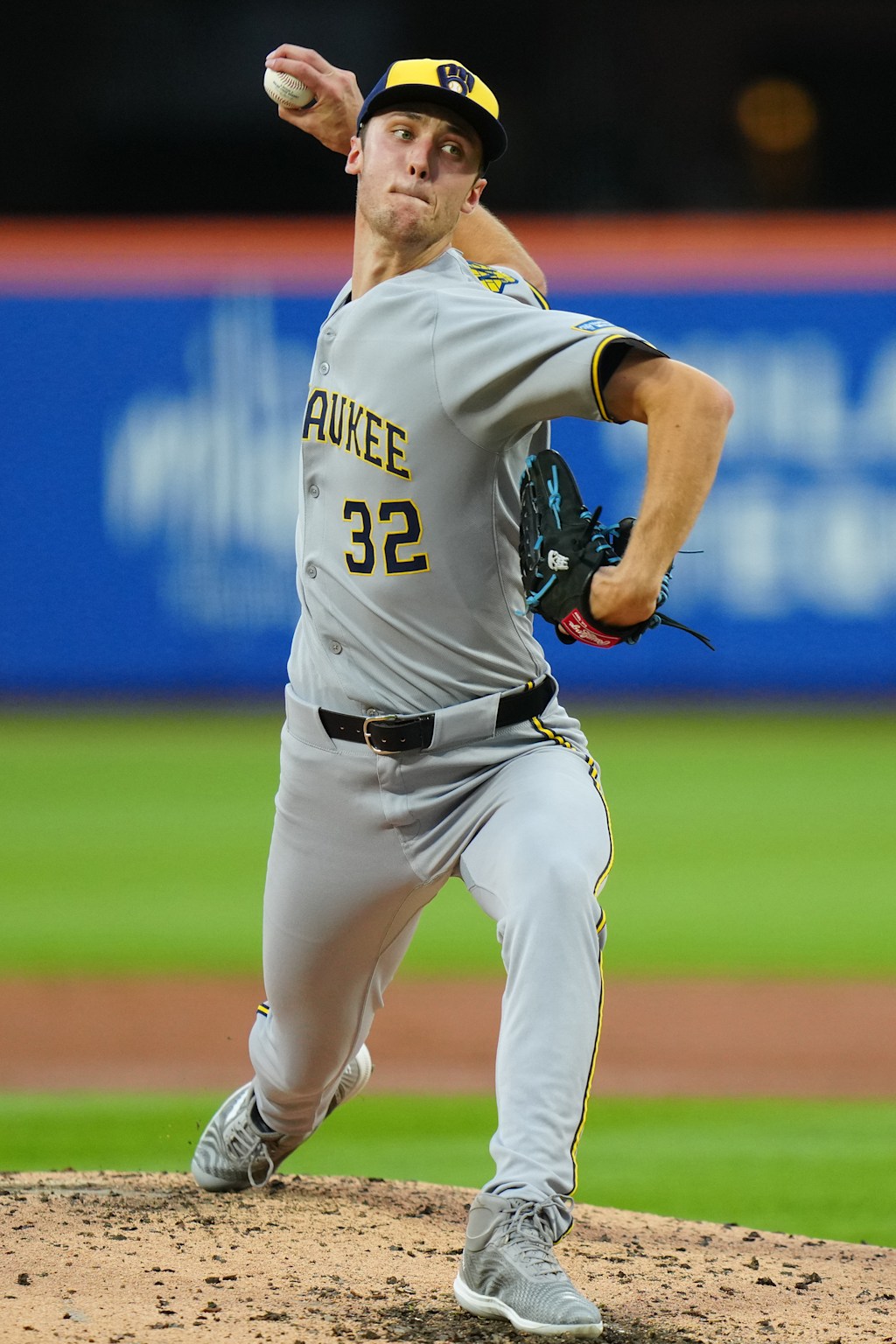 Milwaukee Brewers right-hander Jacob Misiorowski mid-delivery, the 1.62 ERA arm anchoring the Brewers moneyline against the Mets