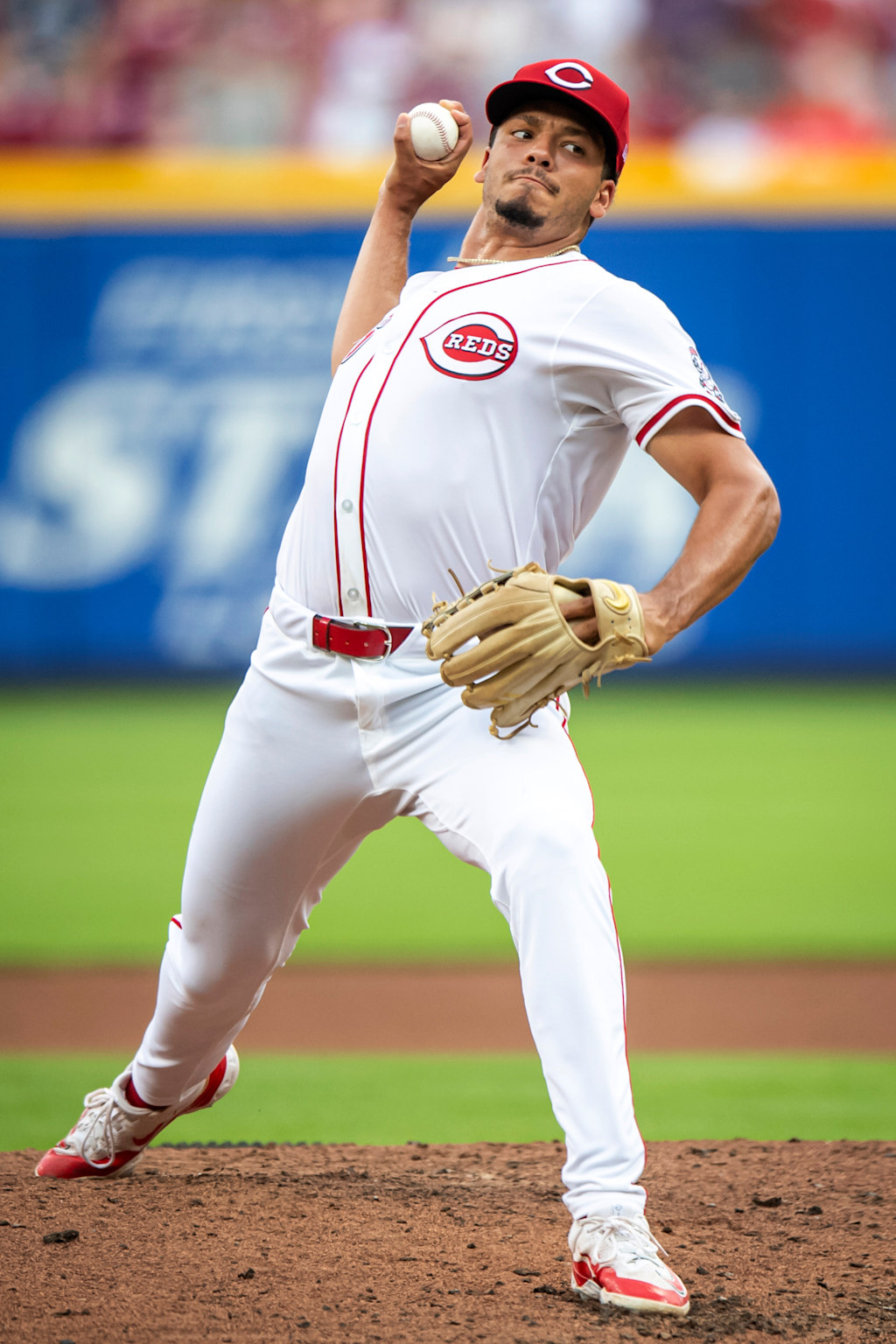 Cincinnati Reds right-hander Chase Burns delivering a pitch, the 11-1 starter opening Tuesday night in Seattle