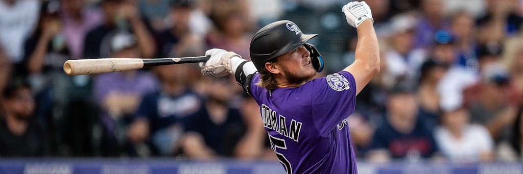 Colorado Rockies slugger Hunter Goodman swinging, the lead bat in the Rockies team total under 4.5 runs pick against Paul Skenes and the Pirates at Coors Field