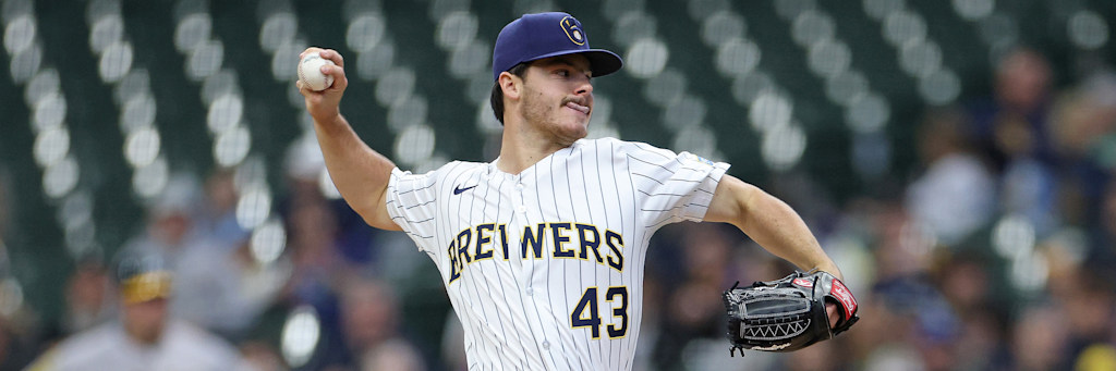 Milwaukee Brewers right-hander Logan Henderson in his delivery; Henderson carries a 2.88 ERA, an 11.02 strikeout rate and a 1.76 walk rate per nine innings entering his start at Dodger Stadium