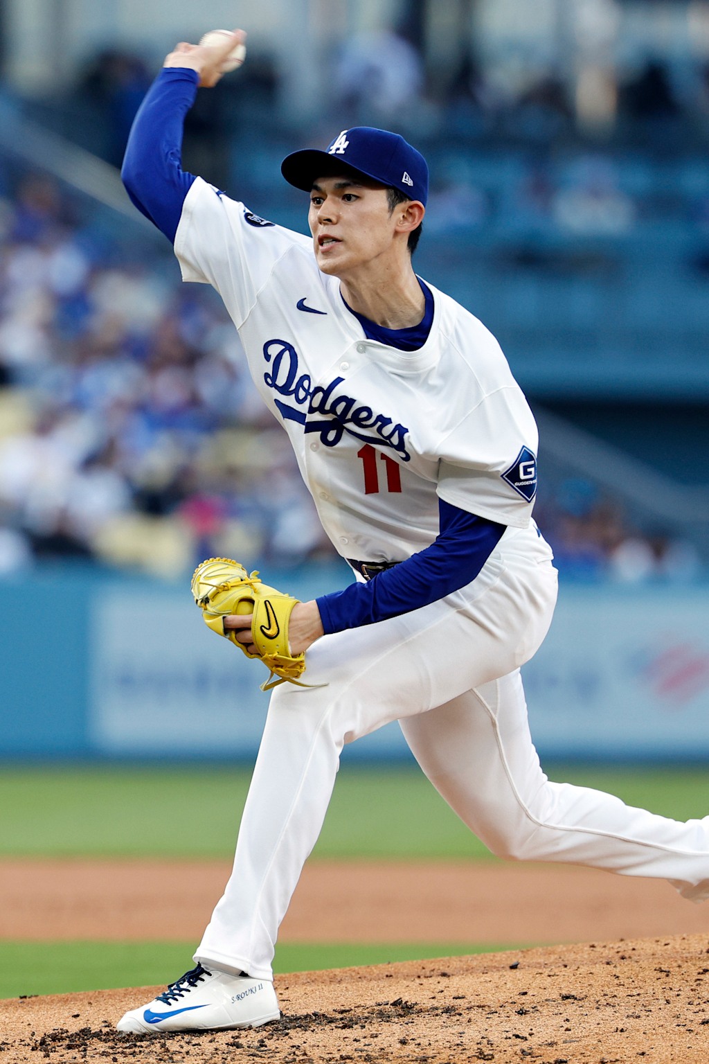 Los Angeles Dodgers right-hander Roki Sasaki firing a pitch at Dodger Stadium