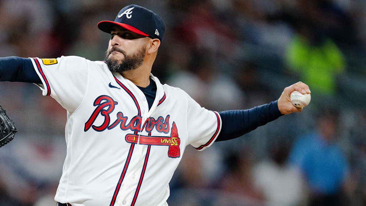 Atlanta Braves starting pitcher Martin Perez delivering a pitch in action