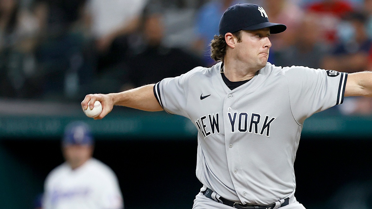 New York Yankees right-hander Gerrit Cole delivering a pitch against Baltimore at Oriole Park at Camden Yards