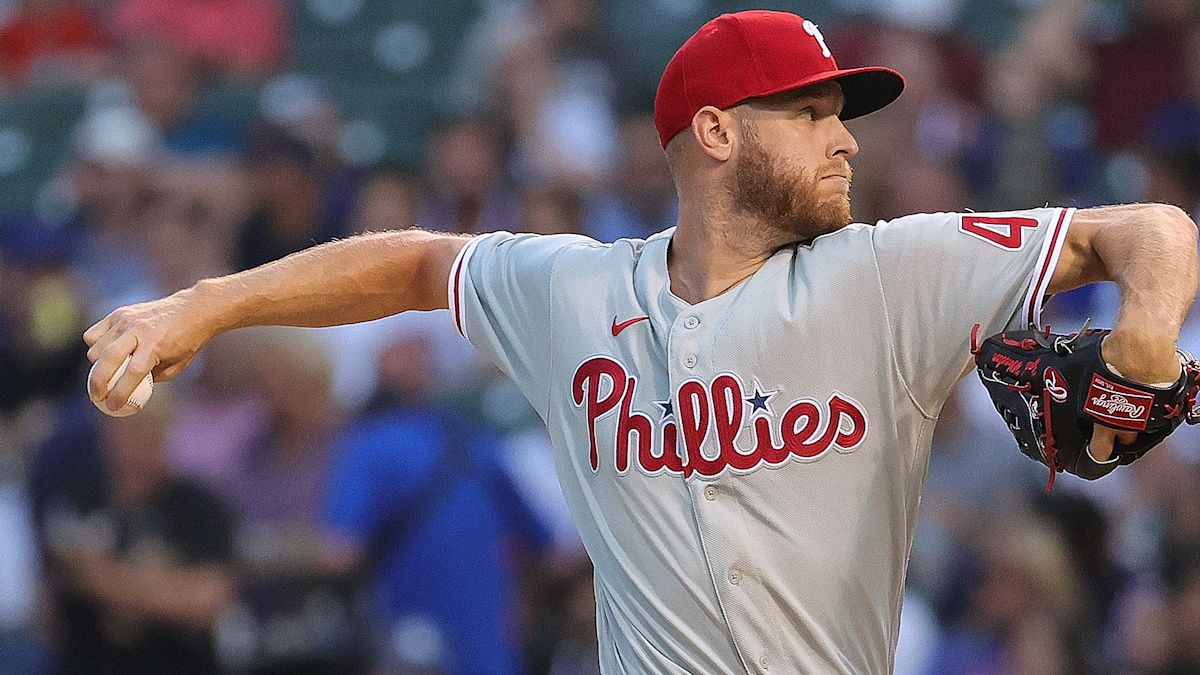 Philadelphia Phillies starting pitcher Zack Wheeler delivering a pitch in action
