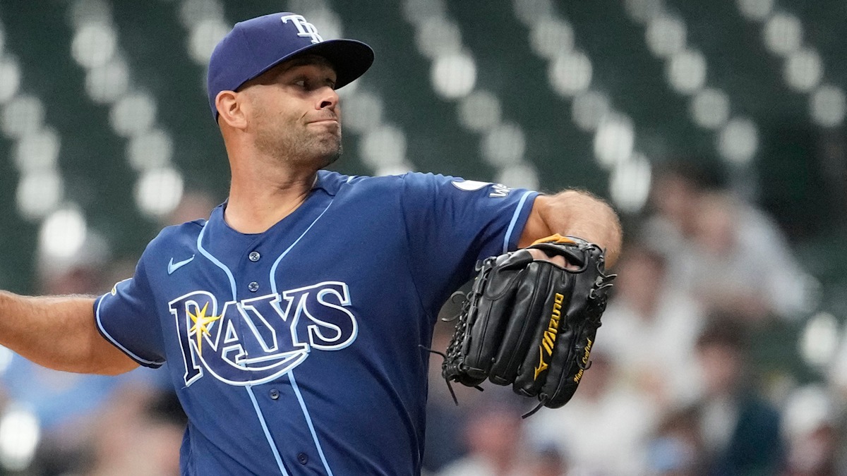 Tampa Bay Rays right-hander Nick Martinez delivering a pitch against the Athletics
