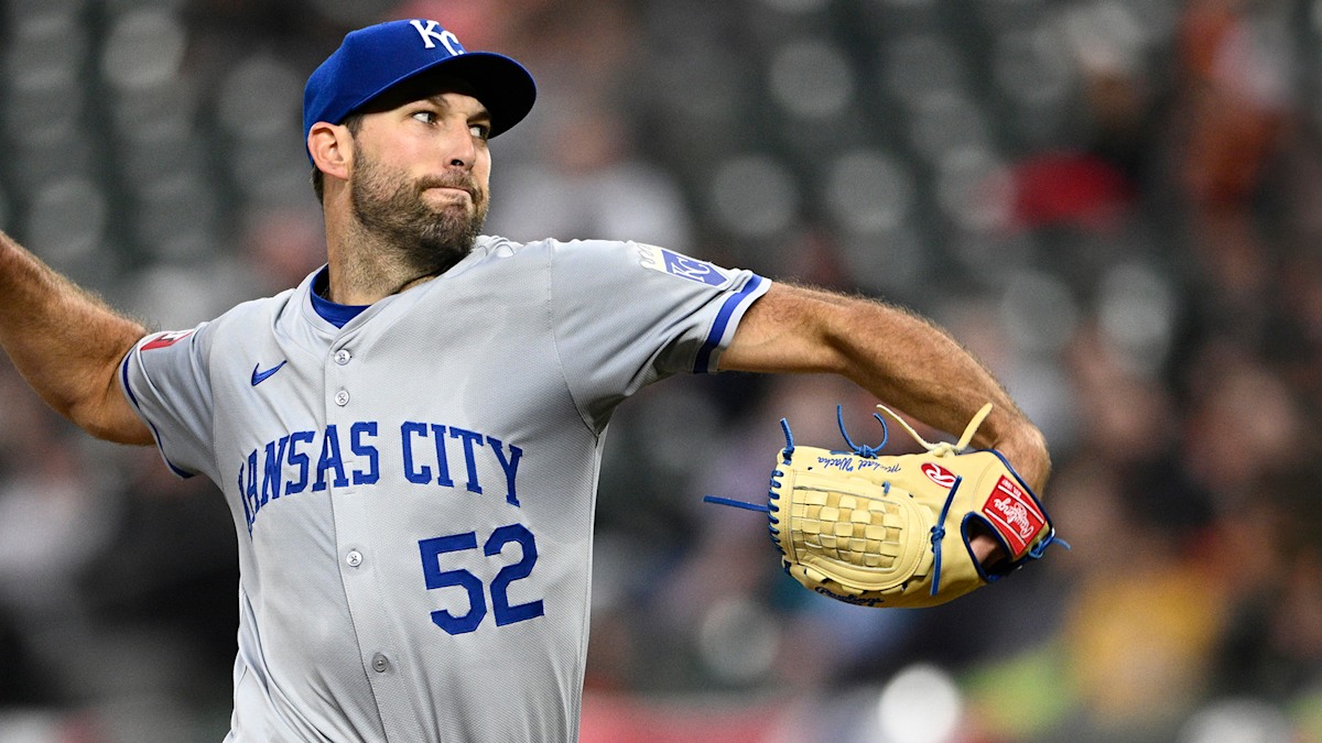 Kansas City Royals right-hander Michael Wacha in his delivery, averaging 6.28 innings per start across 24 starts this season