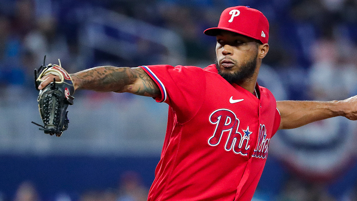 Philadelphia Phillies starting pitcher Cristopher Sanchez delivering a pitch in action