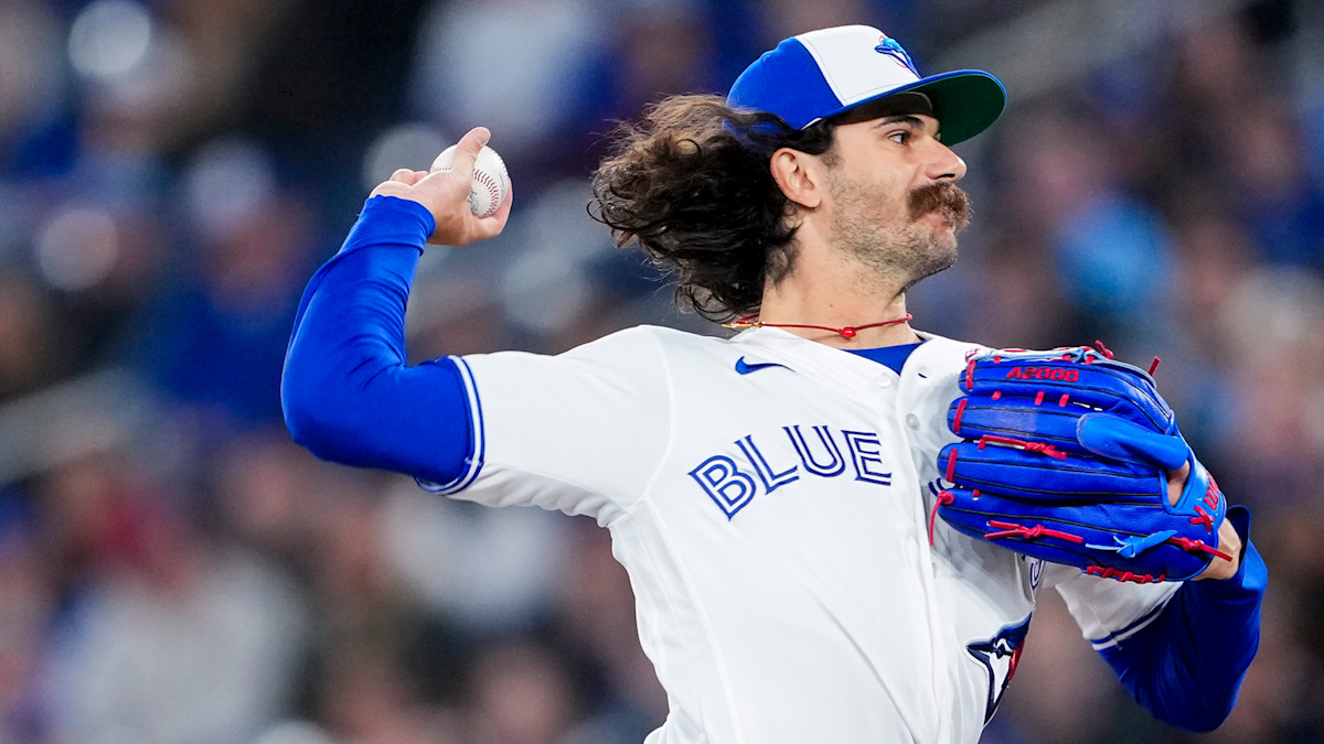 Toronto Blue Jays starting pitcher Dylan Cease delivering a pitch in action