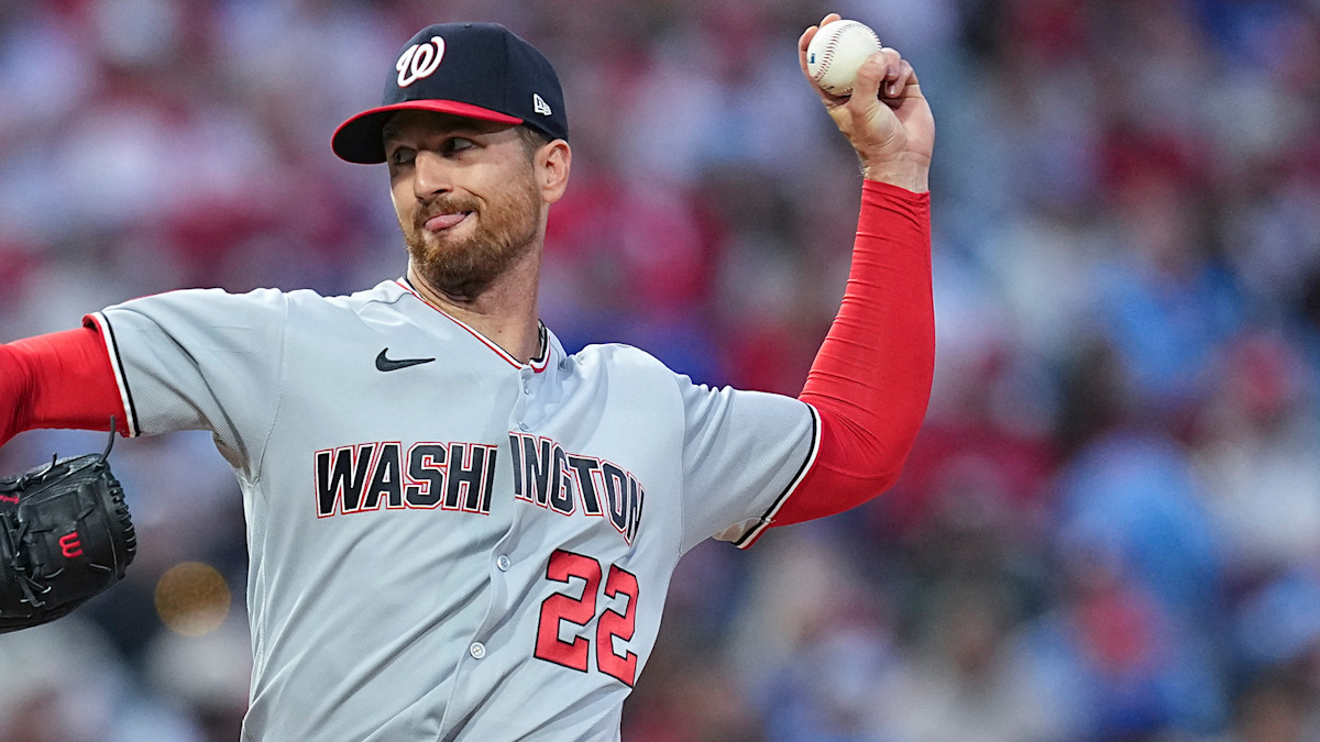 Washington Nationals left-hander Foster Griffin delivering a pitch in action