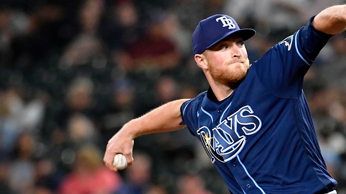 Tampa Bay Rays right-hander Drew Rasmussen delivering a pitch in action