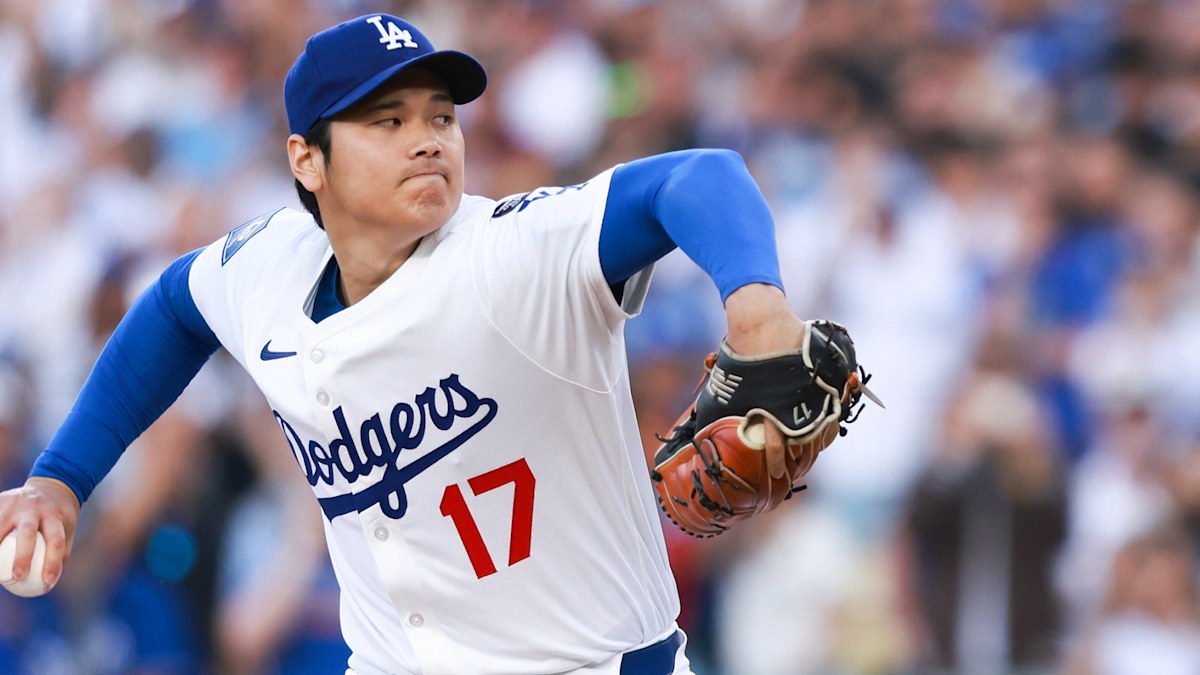 Los Angeles Dodgers two-way star Shohei Ohtani delivering a pitch in action