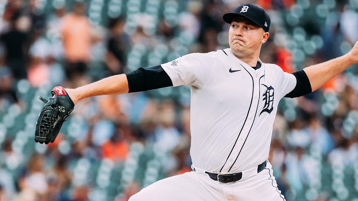 Detroit Tigers left-hander Tarik Skubal delivering a pitch in action