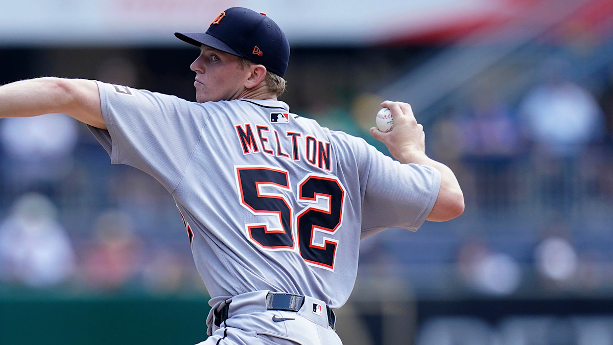 Detroit Tigers right-hander Troy Melton delivering a pitch during a 2026 start against Seattle
