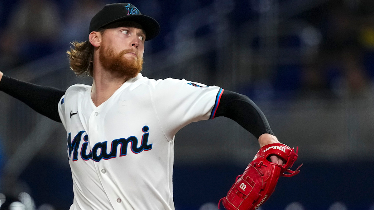 Miami Marlins right-hander Max Meyer delivering a pitch in action