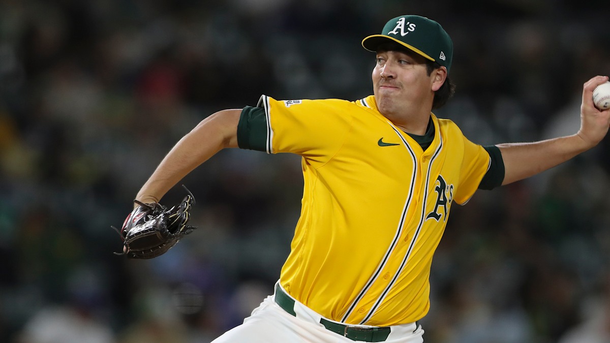 Athletics left-hander Jacob Lopez delivering a pitch; Lopez carries a 5.22 ERA with 46 walks and 15 home runs allowed in 88 innings in 2026