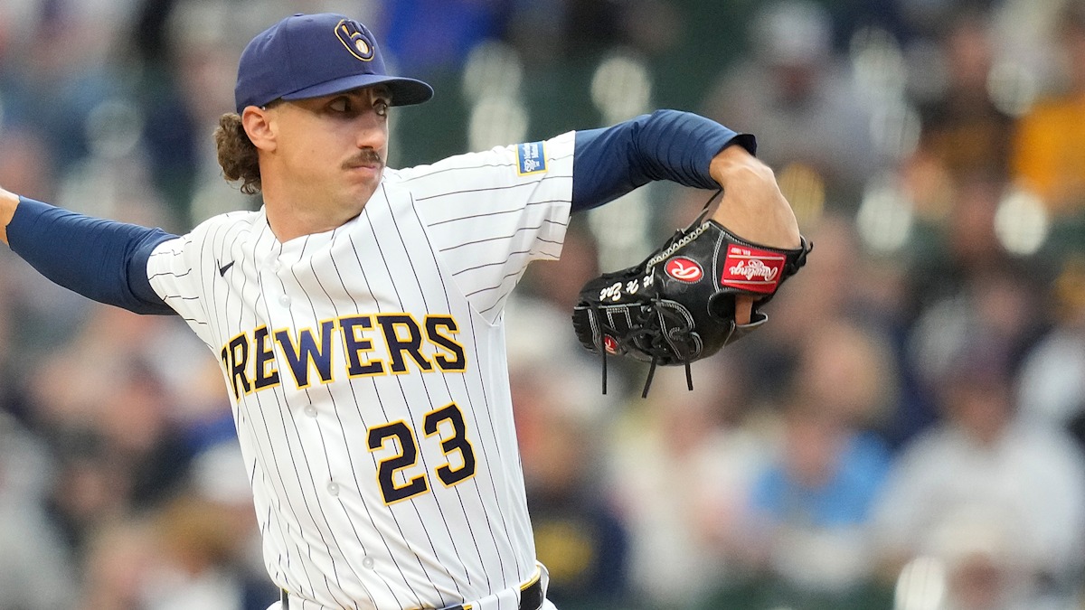 Milwaukee Brewers starting pitcher Brandon Sproat delivering a pitch in action